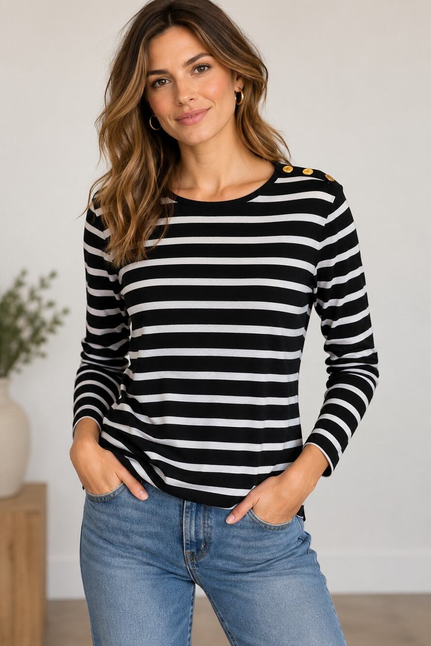 Ralph Lauren black white stripe long sleeve stretch top Large Preppy nautical